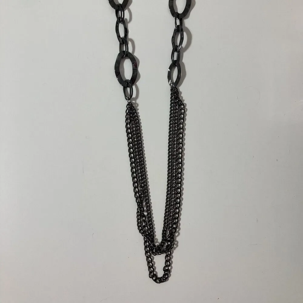 Long Gun Metal Gray Indented Oval Ring Layered Chain Statement Necklace